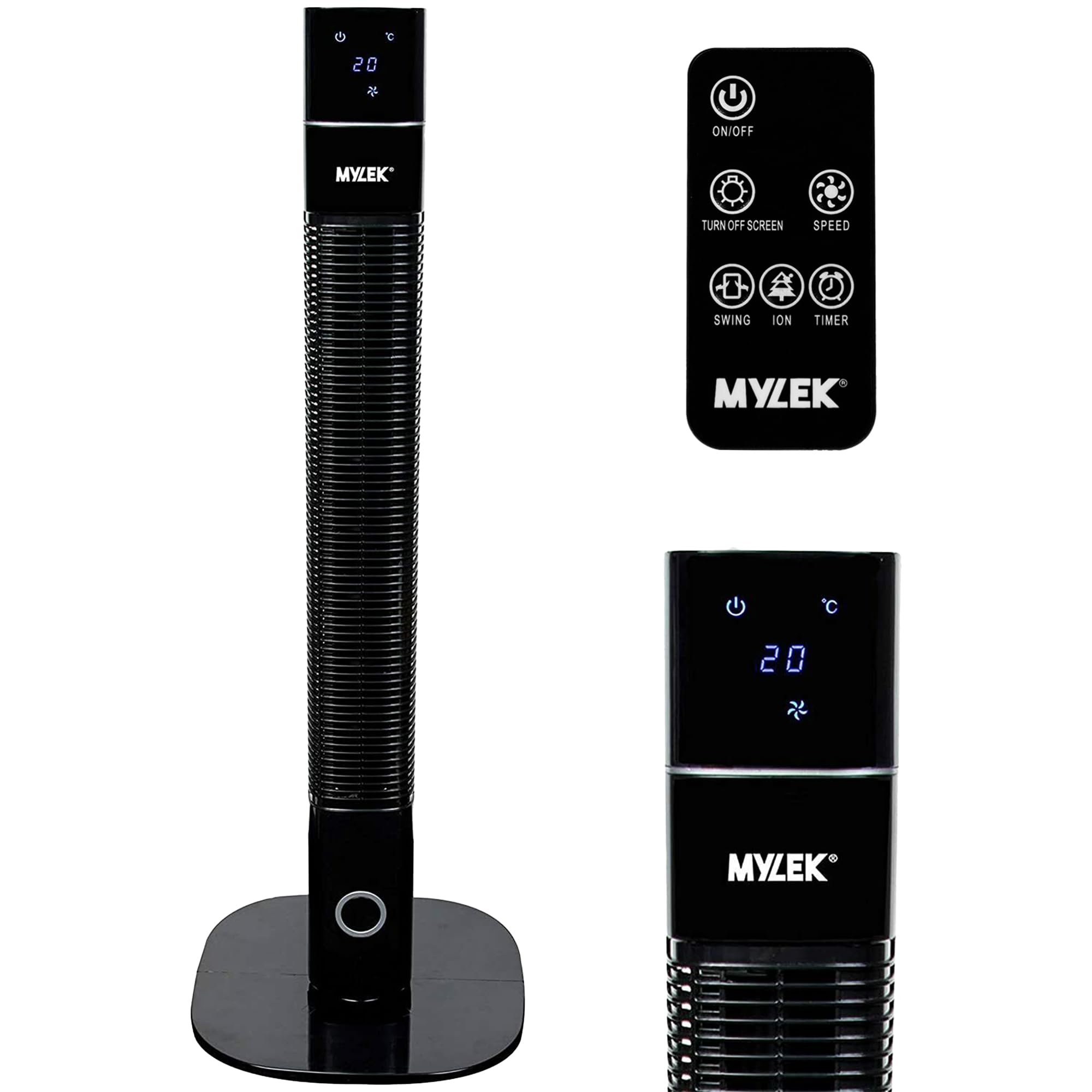MYLEK Tower Fan 36 Inch Oscillating Slim Floor Standing Cool Air Circulator, Remote Control, Timer, Ioniser, Quiet, 3 Cooling Settings, Temp Display, Bedroom, Home Or Office (Black)