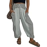 Fisoew Womens Baggy Wide Leg Harem Barrel Pants Casual Elastic Waist Drawstring Color Block Workout Track Pants with Pockets