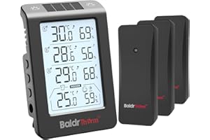 BaldrTherm Solar Photosensitive Three Channel Thermo-Hygrometer, Wireless Temperature & Humidity Monitor with 330ft Range, 4.8" Digital Display, Smart Backlight, Real-Time Alerts, Black