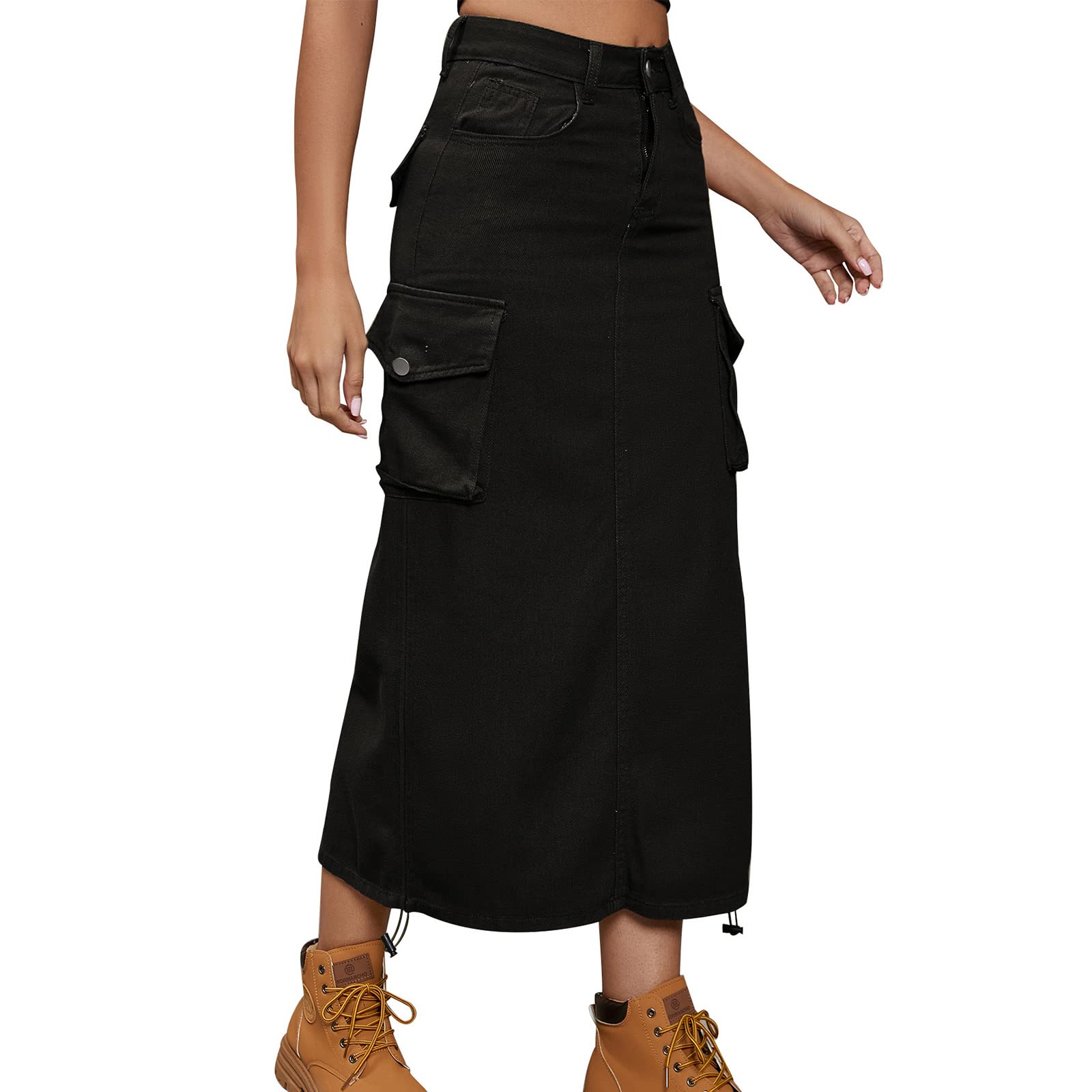 Photo 1 of Women's Denim Cargo Long Skirts High Waist Elastic Waisted Pencil Skirt Midi Length Jean Skirt with Cargo Pockets Black X-Large