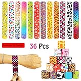 VCOSTORE 36 Pcs Slap Bracelets Party Favors Pack with Diverse Pattern, Emoji, Animals, Heart Print Design, Retro Slap Wrist Bands for Kids Teens Adults Christmas Toys Prize Halloween