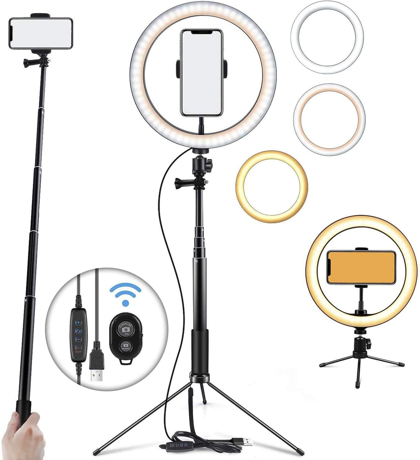 10.2" Selfie Ring Light Dimmable with Tripod Stand and Cell Phone Holder, Mini Led Camera Ring Light for Live for iPhone/Android/YouTube Video/Live Stream, 3 Light Modes & 10 Brightness Level