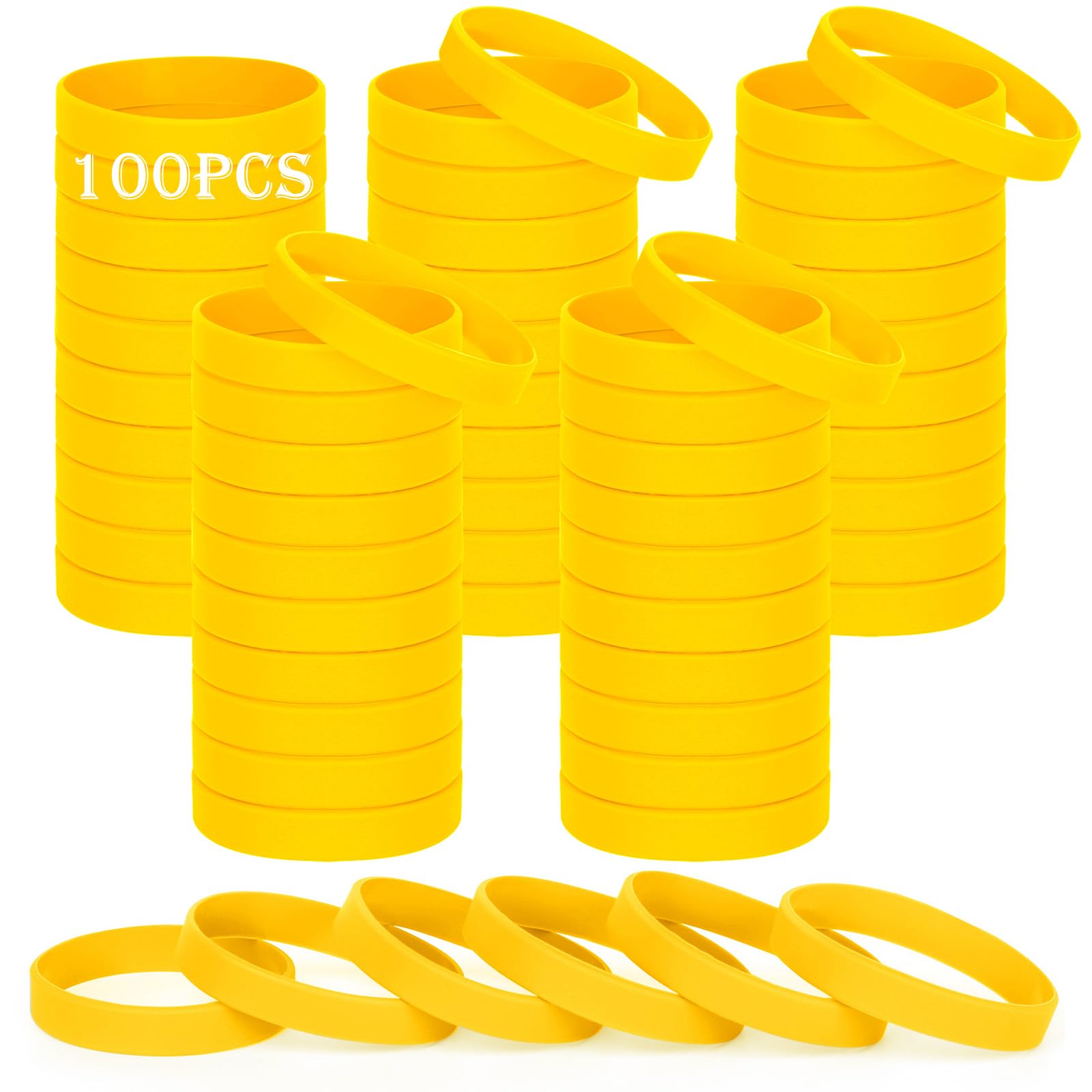 HONTIUS Silicone Wristbands, 100PCS Yellow Rubber Wristbands Blank Wrist Bands Universal Wristband Set for Women Men Adult Sport