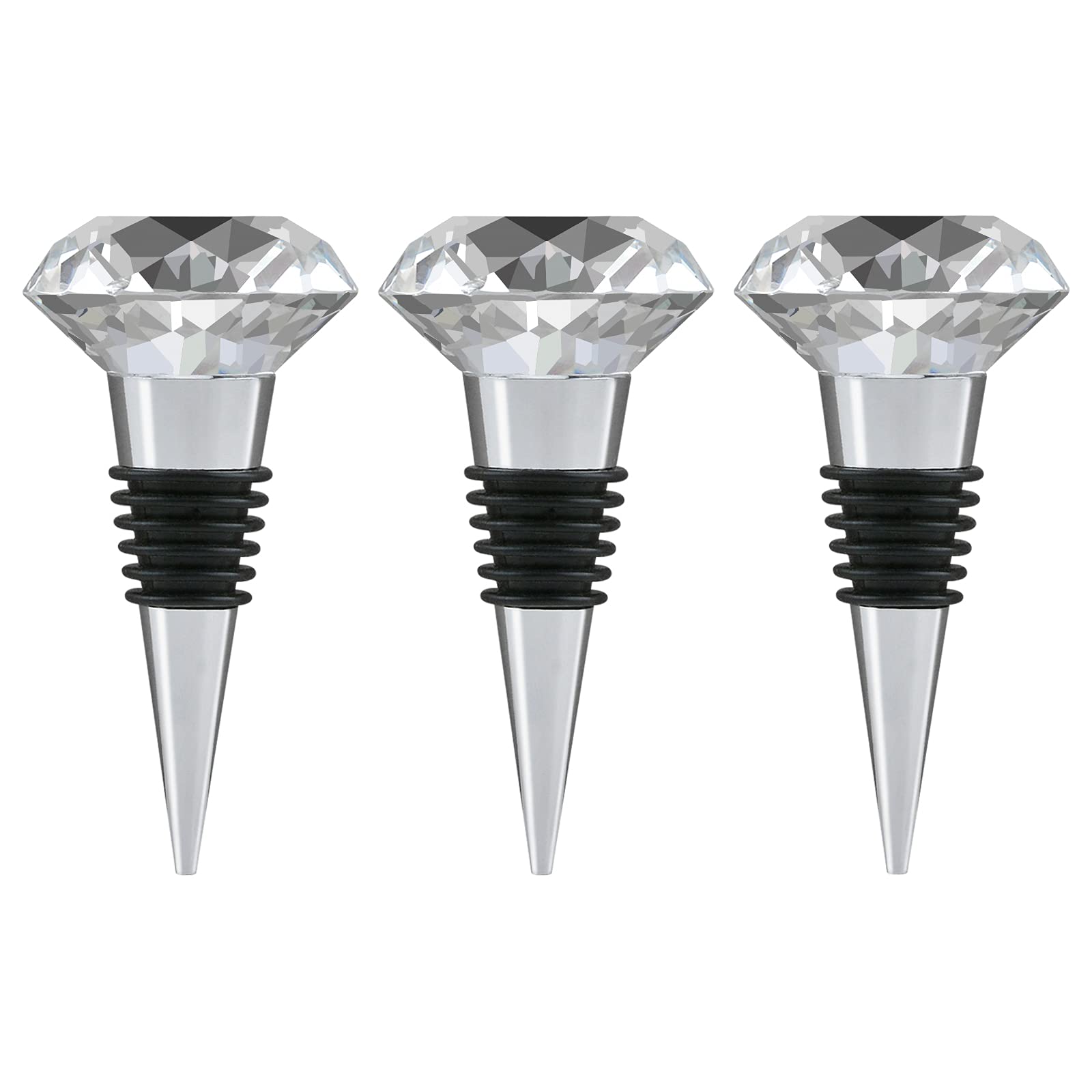 WANDIC Wine Bottle Stoppers, Set Of 3 Diamond Shape Clear Crystal Metal Wine Beverage Bottle Plug Decorative Glass Wine Bottle Sealer For Bar Party