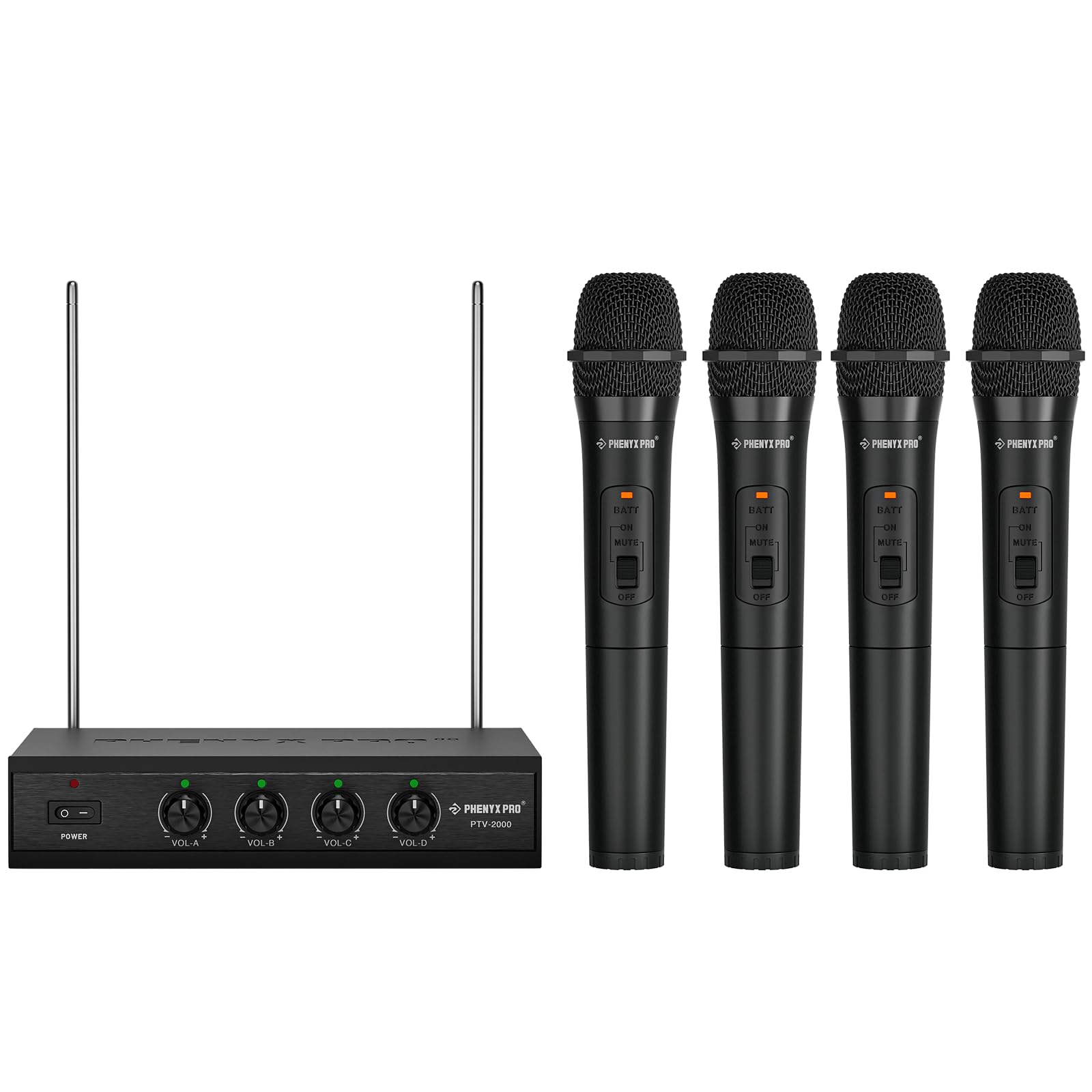 Photo 1 of Phenyx Pro Wireless Microphone System, 4 Channel VHF Wireless Mics, w/ 4 Handheld Dynamic Microphones, Metal Receiver, Long Range, Mic for Singing, Karaoke, Church (PTV-2000-4H)