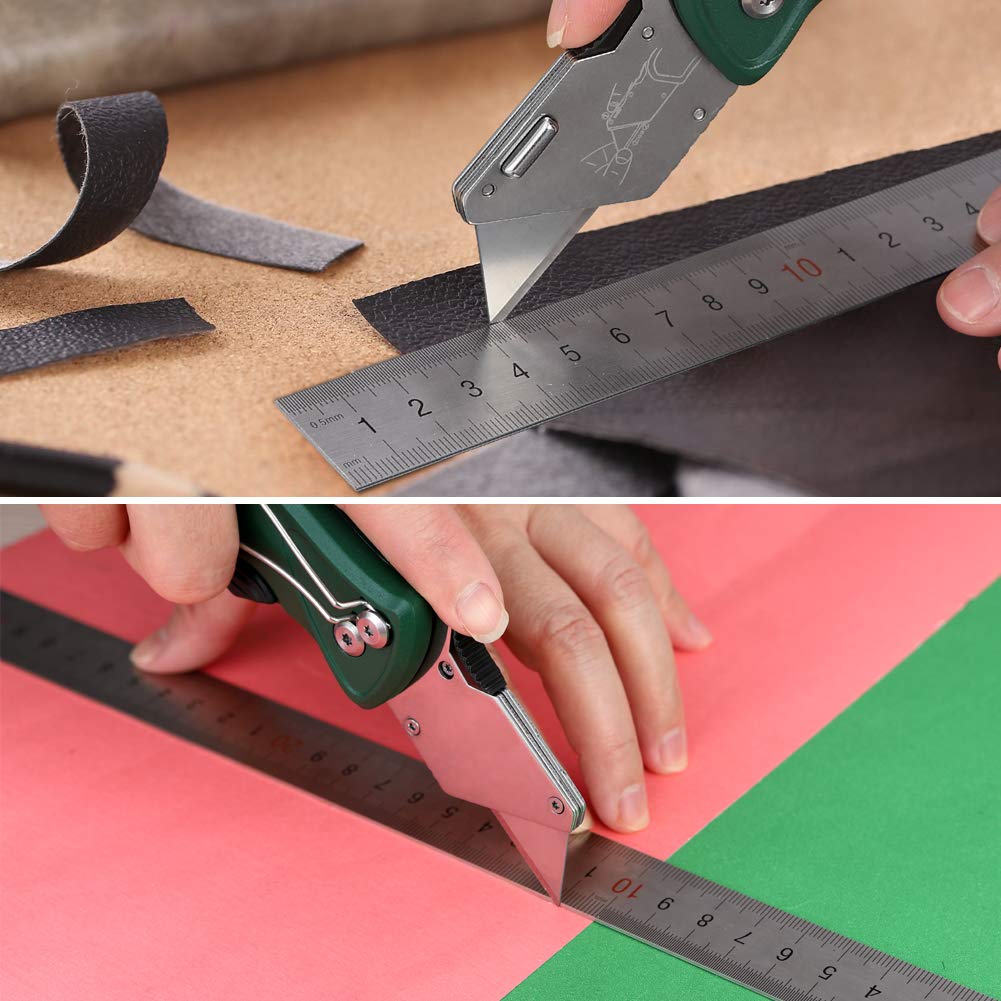 Folding Pocket Utility Knife - Quick Change SK5 Blades, Heavy Duty Box Cutter with Blades Compartment,Wires Stripping, 5 Positions Safe-Lock Design for Office, Home, Arts Crafts (Green)