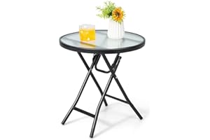HAPPYGRILL Outdoor Side Table, Folding Small Patio Table with Tempered Glass Tabletop, Steel Frame, Round Outdoor End Table w