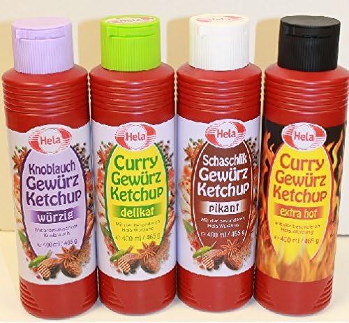 Hela German Ketchup Gewurz Ketchup: Schaschilk Pikant, Curry Delikat. Knoblauch Wurzig, Curry Extra Hot