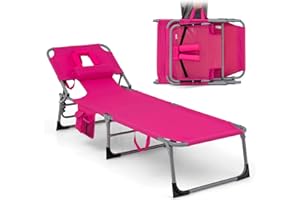 Goplus Tanning Chair, Folding Adjustable Patio Lounge Chair with Face Hole, Removable Pillow, 330LBS, Carry Strap, Outdoor Sunbathing Chair, Lightweight Portable Beach Lounge Chair, No Assembly