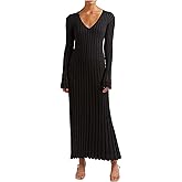 ECDAHICC Women's Sexy Ribbed Knit Sweater Dress Casual Long Sleeve V Neck Bodycon Pleated A Line Long Dress Streetwear