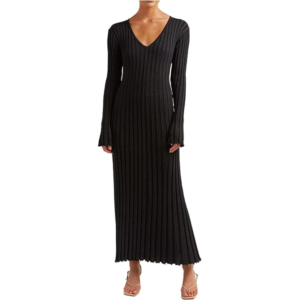 Ribbed Knit Fitted Bodycon Dresses for Women 2023 Fall Long Sleeve Split  Hem Midi Sweater Dresses with Belt, Black, X-Small at Amazon Women's  Clothing store