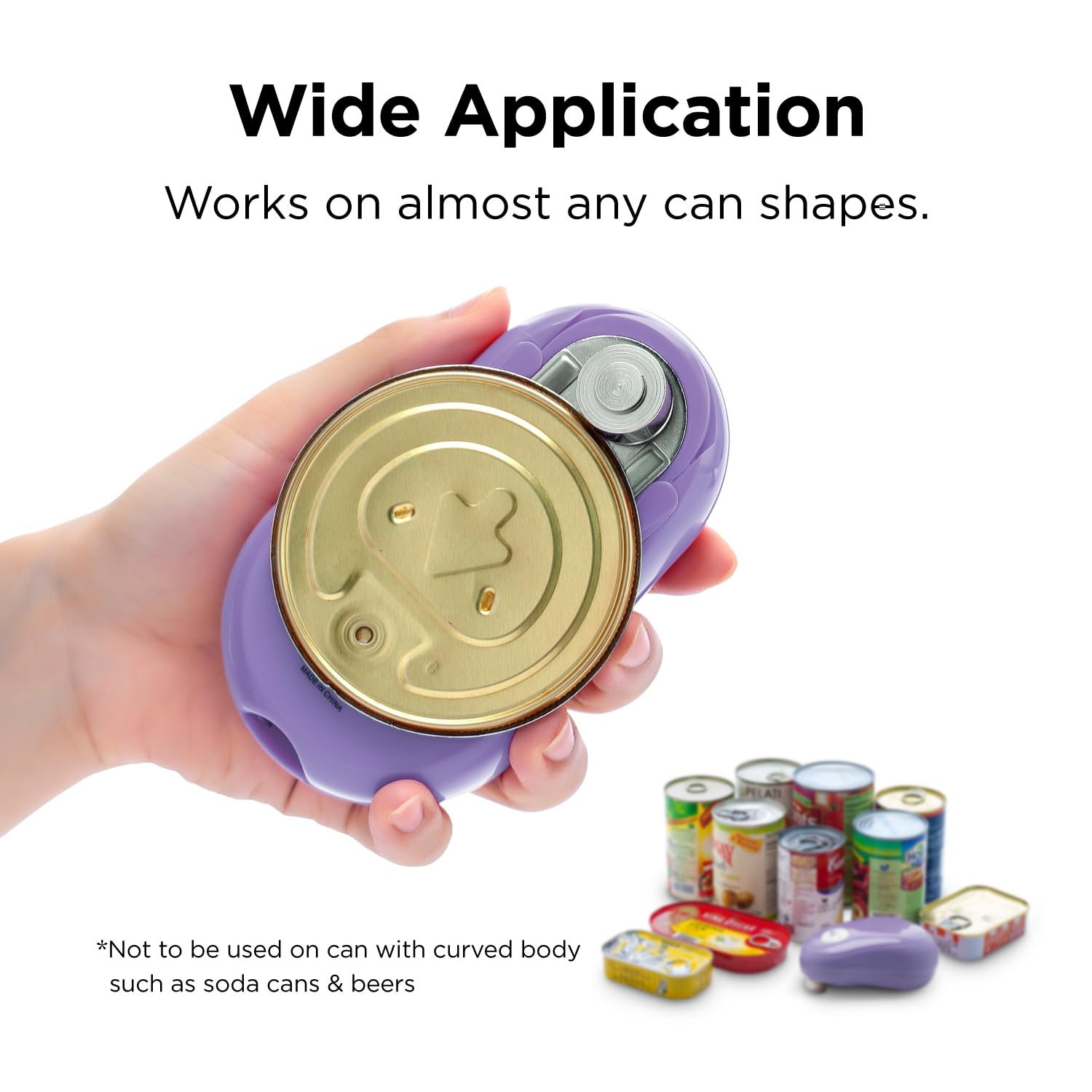 Kitchen Mama One Touch Electric Can Opener: Open with Simple Press of A Button - Auto Stop As Task Completes, Ergonomic, Smooth Edge, Food-Safe, Battery Operated (Purple)