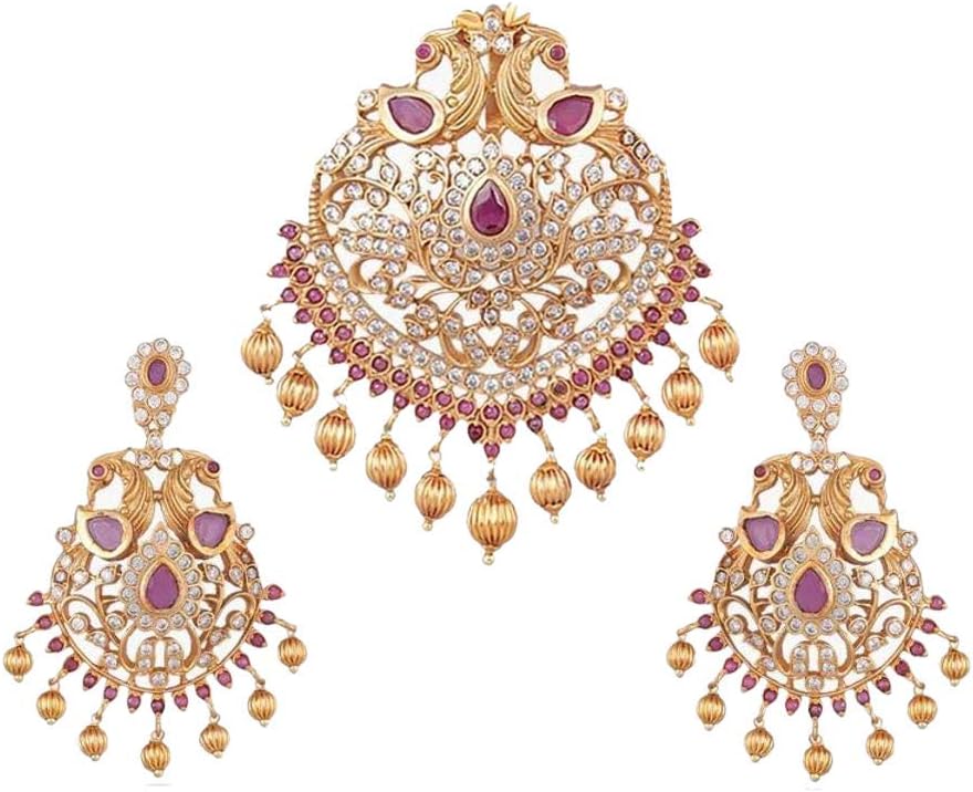 Kriya Gold-Plated Cubic Zirconia Indian Pendant Necklace and Earring Jewelry Set - White Red