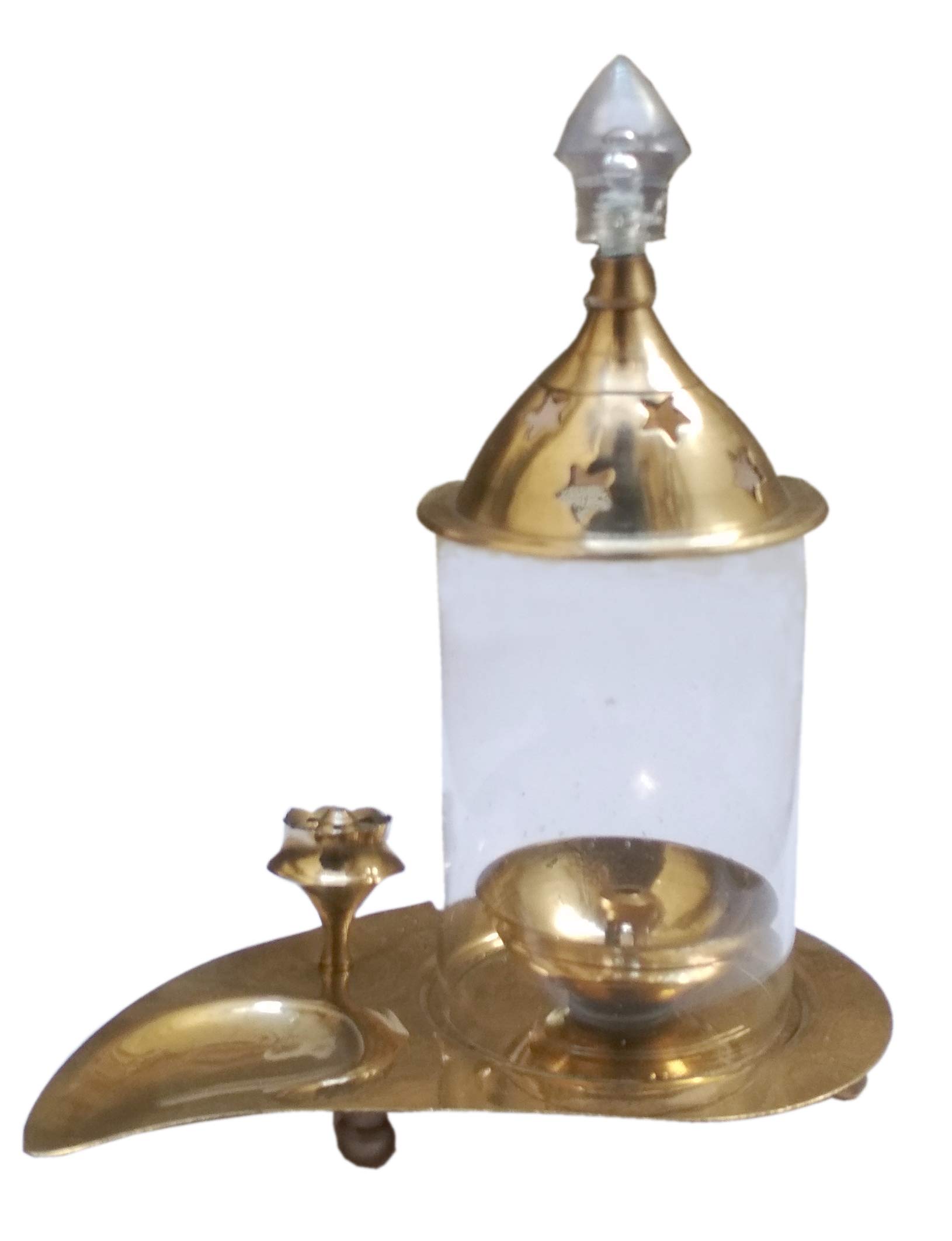 Purpledip Brass Pooja Thali 'Abhishekam': Akhand Jyoti Oil Lamp, Incence Stick Holder, Kumkum Dhoop Slot in a Mini Plate (12124)
