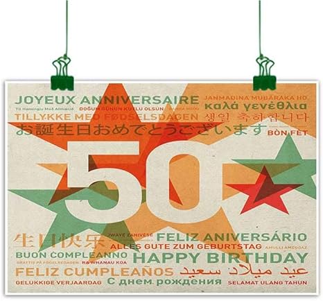 Amazon De Josepsh Kunstdruck Auf Leinwand Motiv Happy Birthday In Allen Sprachen Im Retro Stil Mit Sternen 28 X 20 Cm Grun Rot Orange