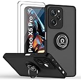 QUIETIP Case Compatible with Xiaomi Poco X5 Pro 5G with Screen Protector,TPU + Hard PC Shockproof Magnetic Ring Car Mount Holder Phone Cover,Black