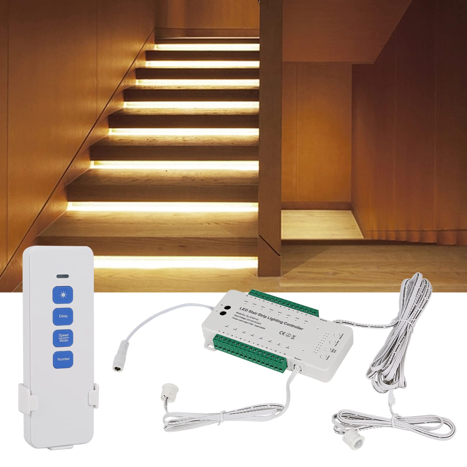 Intelligent Motion Sensor LED Stair Lighting Set - Smart Step Lights for Indoor Home, Cuttable Strip Light (16 Stairs, Warm White 2700K)