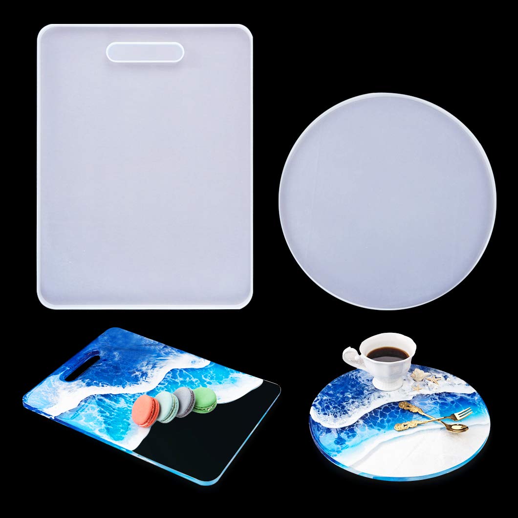 Rolin Roly 2Pack Resin Molds Resin Serving Tray Mould Epoxy DIY Resin Tray Moulds Silicone 3D Square Round Mold Serving Board Resin Casting Mold Large Resin Tray Mould Resin Wave Art — image 1