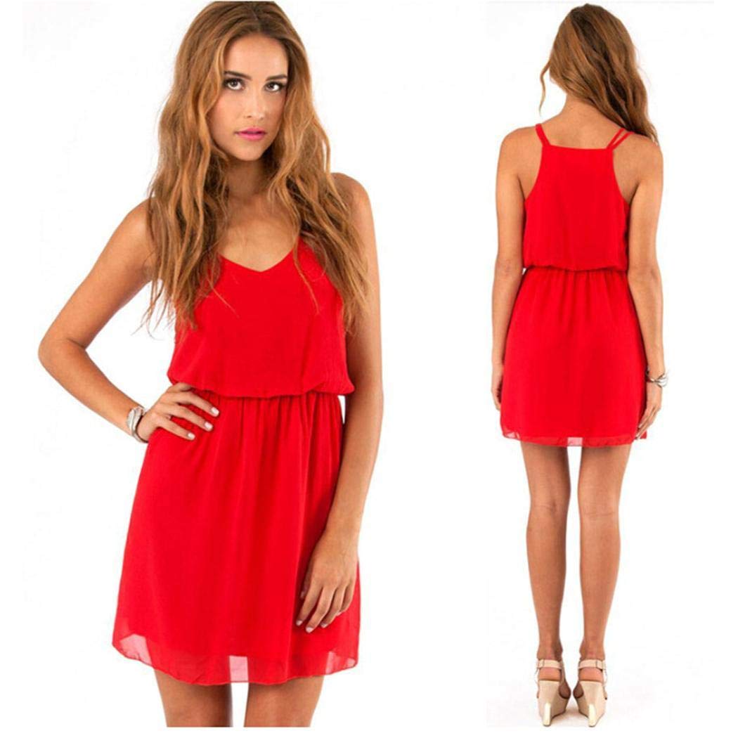 Eeilyin Women Fashion Solid Ruffle Casual Spaghetti Strap Chiffon Mini Dress Dresses Red