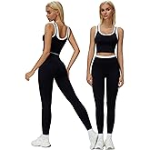 PQBPQB Women 2 Piece Workout Sets Racerback Color Block Tank Tops High Waist Tummy Control Active Leggings Yoga Outfits