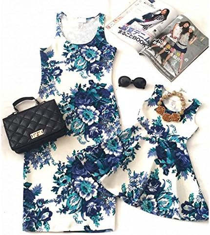 Lizxun Family Match Mommy& Daughter Dress Sleeveless-Bouquets of Flowers and Piles of Brocades Trend Style (Blue Girl, M)