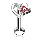 16 Gauge Three Gem Hollow Heart Steel Labret Monroe Piercing Stud Internally Threaded (Red-16G 1/4")