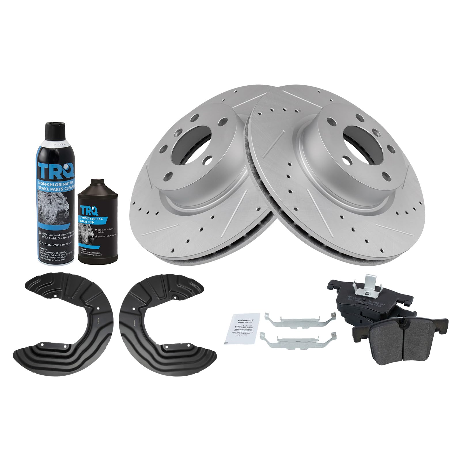 TRQ Front Performance Brake Pad & Rotor Kit Brake Chemical Kit Brake Pads Brake Rotor Backing Plate Brake Rotors Set Semi-Metallic Premium G-Coated Compatible with 2011-2017 BMW X3 2015-2018 X4 Image