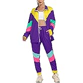 Arssm Retro 80s 90s Outfit Sets for Women Color Block 2 Piece Tracksuit Windbreaker Jacket Set