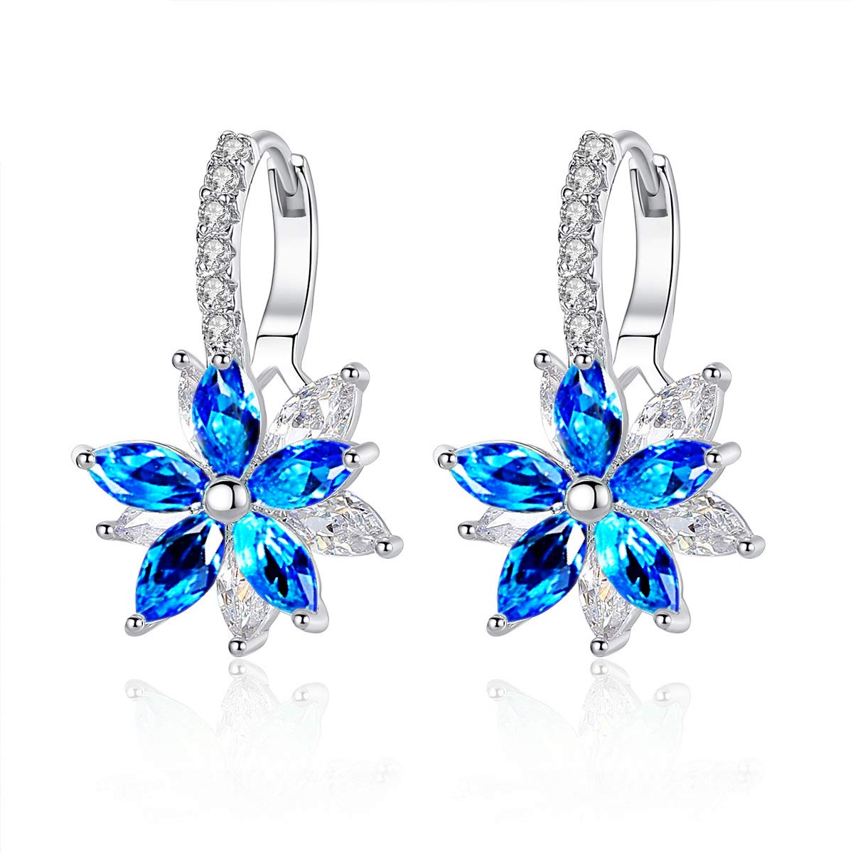 Josfeva Silver Hoop Earrings for Women, White Gold Plated Double Flower Hoop Earring with Cubic Zirconia, Hypoallergenic Crystal Hoop Earrings, Size:13mm * 22mm, Color: Blue, Gift for Women Girls
