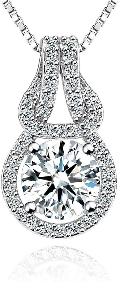 fleur rouge Round Halo CZ Pendant Necklace 18k White Gold Plated Cubic Zirconia Round Halo Pendant Necklace with Box Chain