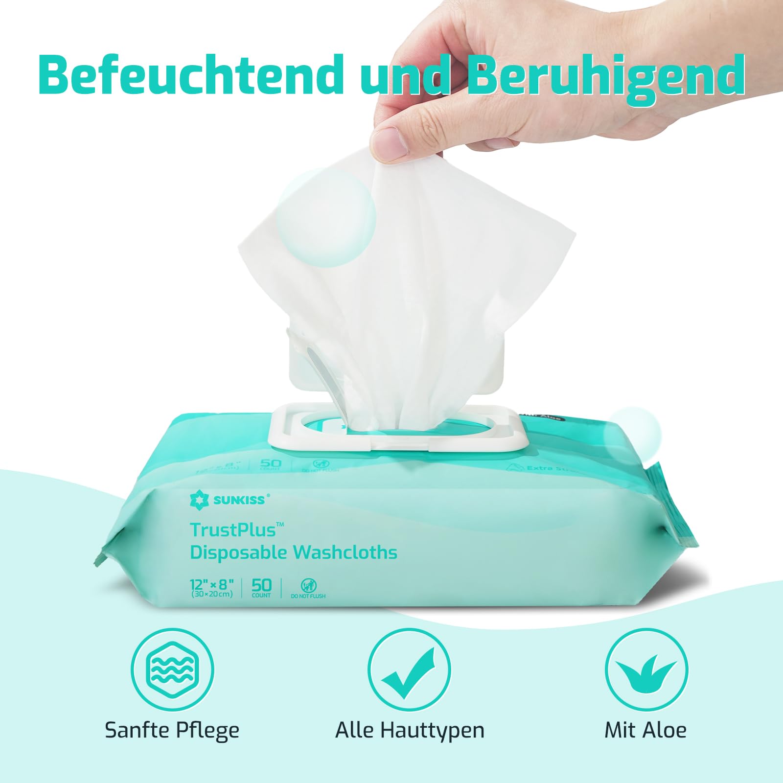 SUNKISS Trustplus Feuchttücher für Erwachsene, Extra Dick 20x30 cm Körperreinigungstücher mit Aloe für ältere Inkontinenz & Reinigung, 200 Stück (4 Packungen mit 50) 5