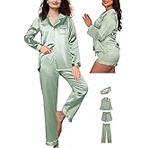WJing Yi Jia Womens 4Pcs Satin Pajamas Set Silk Pajama Sets Silky Sleepwear Long Pj Set Loungewear Soft Pjs Nightwear XS-XXL