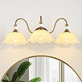 sunkryster Vintage Bathroom Vanity Light, 3-Light Matte Brass Finish Vanity Light with Floral Yellow Glass Shades, Retro Wall