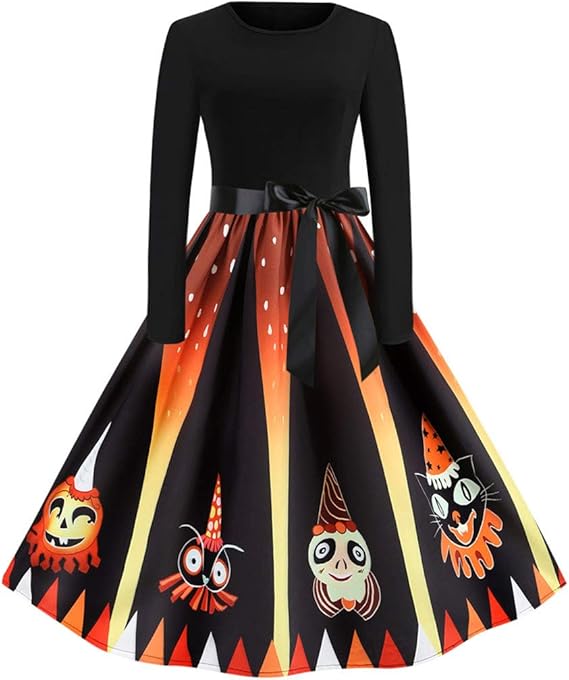 Amazon ドレス ハロウィン Liqiuxiang レディース 蝶結び 可愛いプリント ワンピース 復古ヘプバーン パーティードレス 長袖 膝丈スカート クラシック ワンピース Aライン コスチューム 仮装ドレス 発表会 衣装 演奏会 スイングドレス ワンピース チュニック 通販