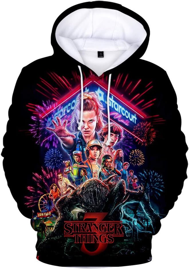 Stranger Things 3- Stranger Things Hoodies 3D Color Print Girl Hooded Sweater Autumn and Winter Coat Fashion Hip hop Hooded Shirt Front Pocket Pullover Jacket