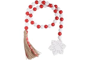 SFONI Christmas Wood Bead Garland, Red White Rustic Wooden Beads with Jute Rope Plaid Tassel Bead Garland for Xmas Tiered Tray Décor New Year Winter Farmhouse Home Kitchen Wall Hanging Decoration, Snowflake