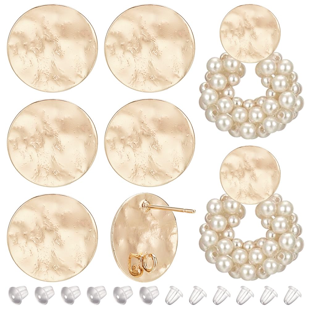 BENECREAT 12Pcs 18K Real Gold Plated Brass Round Stud Earring Findings 15mm Hammered Earring Findings with 30Pcs Ear Nuts for DIY Earrings Jewelry Craft Making Supplies
