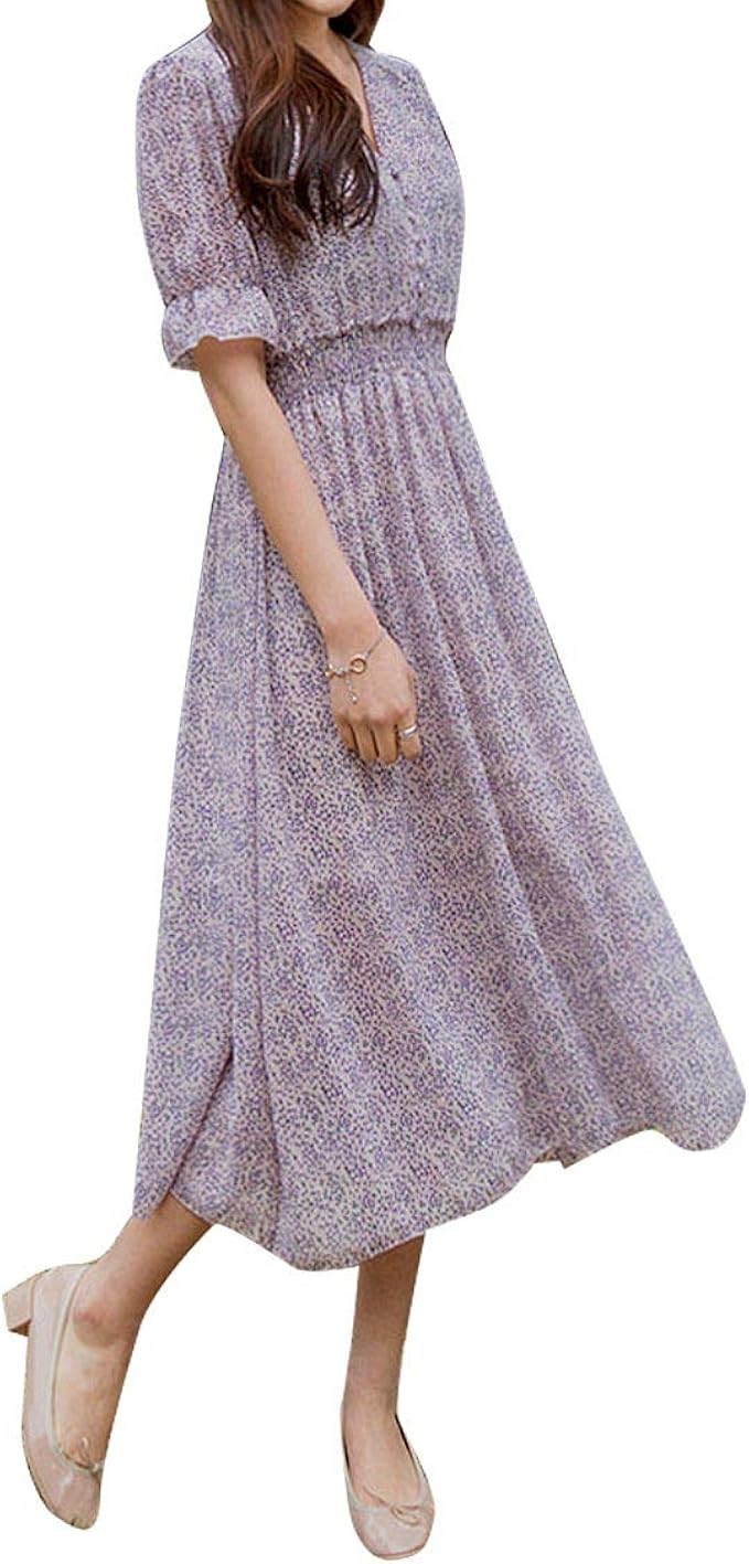 Amazon Envylook レディース ワンピース 紫 半袖 ウエストシャーリングゴム小花柄半袖ワンピースパープル Free 並行輸入品 ワンピース チュニック 通販