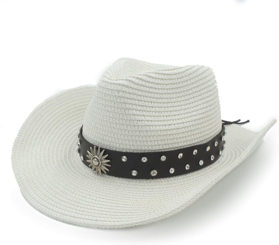 IWGR Men's Straw Western Cowboy Hat For Gentleman Sombrero Caps Witt Fashion Belt (Color : White, Size : 56-58cm)