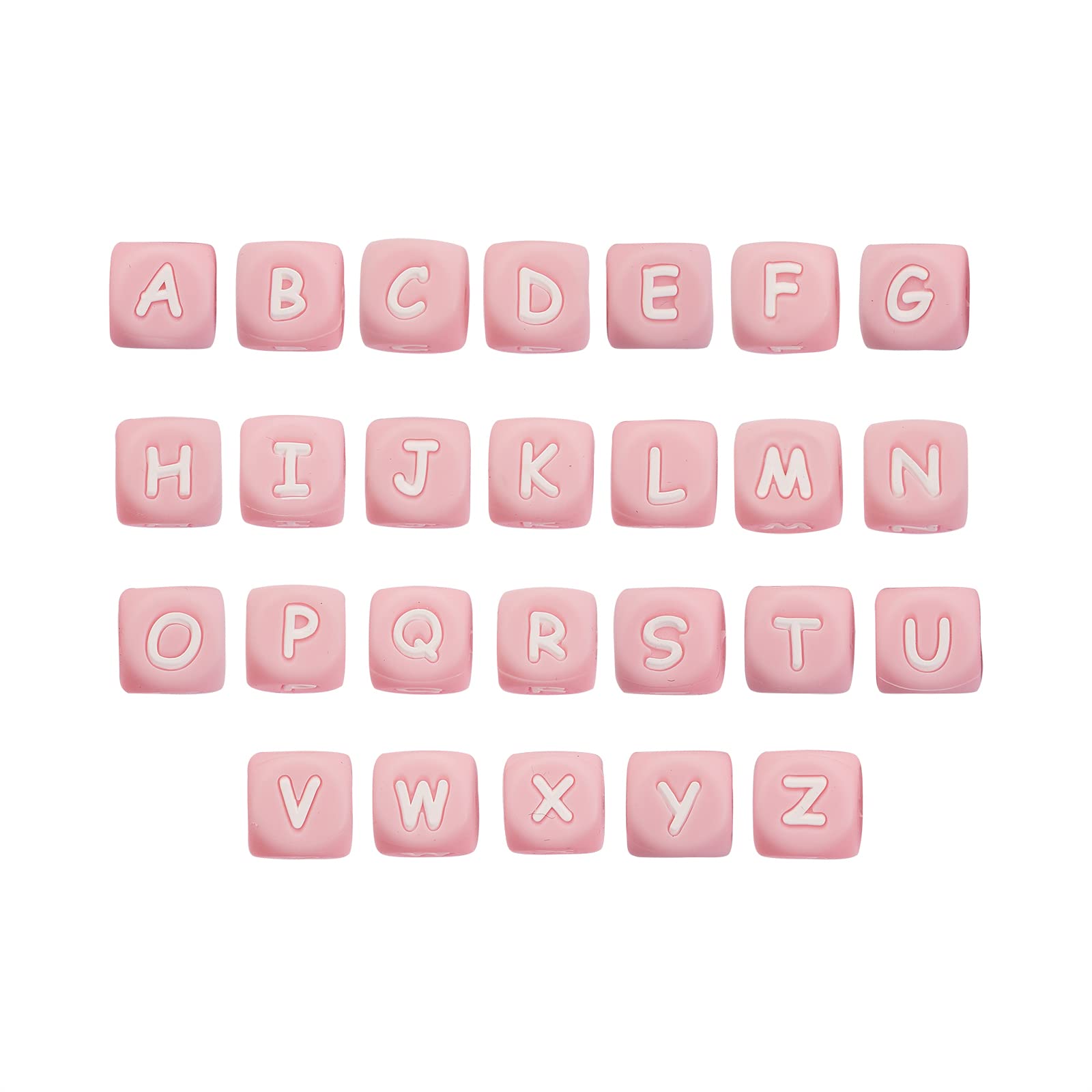BEEFLYING 26 Pink Silicone Square Dice Letter Beads, 26 Styles, Large Hole, Spacer, Loose Beads for Bracelet Necklace Jewelry Making