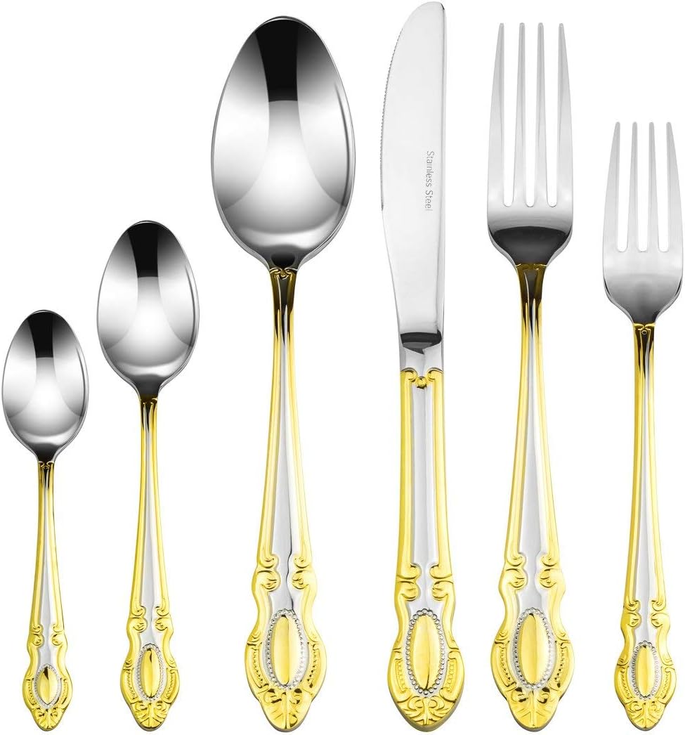 Italian Collection 75-Piece Premium Surgical Stainless Steel Silverware Flatware Set 18/10, Service for 12, 24K Gold-Plated Hostess Serving Set (Monarch)