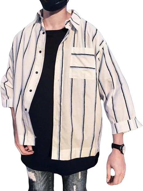 Amazon ニカ メンズ おしゃれ ストライプ シャツ 夏 白 黒 Tシャツ メンズ ファッション シャツ カジュアル 半袖シャツ ワイシャツ ワークシャツ 無地 通勤用 七分袖 シャツ シャツ 通販