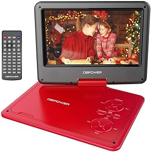 DBPOWER 11.5" Portable DVD Player, 5-Hour Built-in Rechargeable Battery, 9" Swivel Screen, Support CD/DVD/SD Card/USB, with Remote control, 1.8M Car Charger and Power Adaptor (Red)