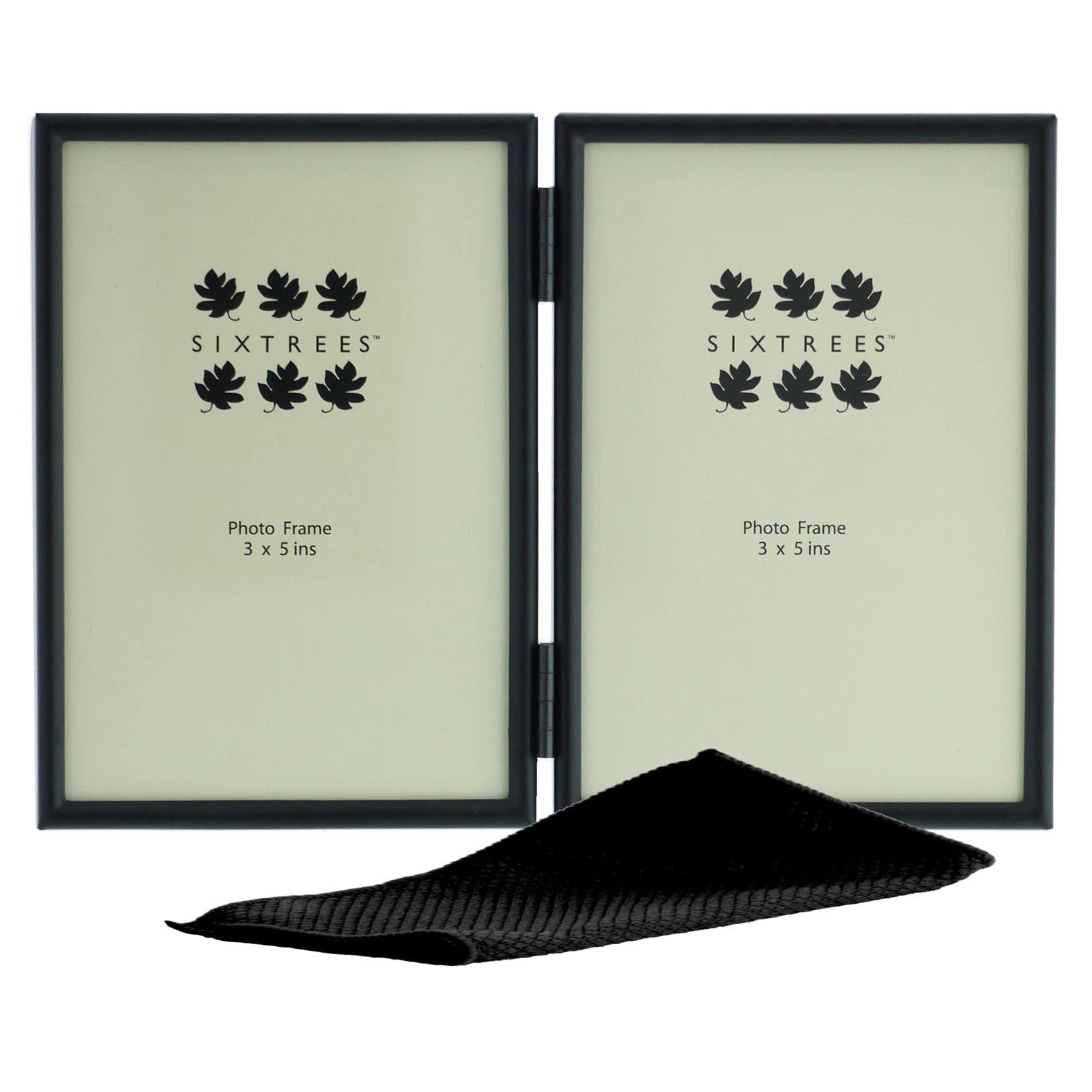 Sixtrees Cambourne 3-400-03 Satin Black Metal Folding Photo Frame for two 5x3 inch (127mm x 76mm) Pictures - Complete with microfibre polishing cloth.