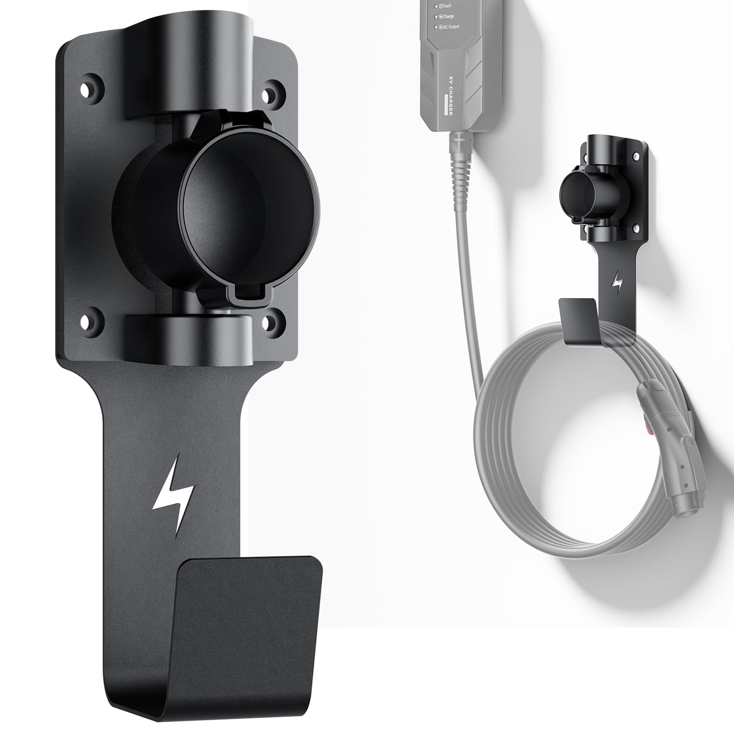 Photo 1 of FOCSPROD EV Charger Holder, with 180° Rotation Nozzle Dock, Metal J-Hook for SAE J1772 Charger Holder Organizer Wall-Mount Connector Electric Vehicle Charging Cable Car Accessories