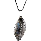 Nupuyai Natural Labradorite Necklace for Unisex, Handmade Wire Wrapped Irregular Healing Stone Pendant with Chain 19"