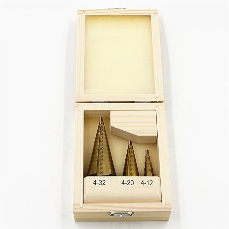 Generic Wooden box packing 3PCS Pagoda Step Drill Bits 4-32mm 4-20mm 4-12mm Quty Perforator HSS Titanium Coated Straight Flute