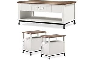 WAMPAT Farmhouse Living Room Furniture Set of 3, 42" White Coffee Table Set with 2 Pack 24" Matching Narrow Storage End Side 