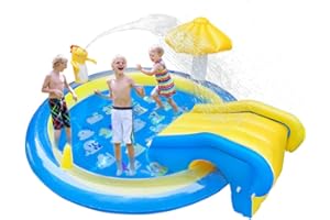 CAMIRUS Dinosaur Inflatable Play Center, Kids Round Wading Swimming Pool with Slide, Dinosaur Sprinkle, Mushroom Shade for Kids Children Summer Outdoor Splish Splash, Garden Backyard Water Park, 87"x75"x31.5"