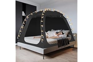 EighteenTek Bed Tent with Lights, Twin Bed Canopy Black - Portable 90% Blackout Sleeping Tent with 2 Doors Breathable Private Indoor Tent for Bedroom Decor, Easy to Assemble